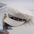 Cream white faux leather newsboy hat featuring a silver metal chain and bull head charm - One Size 58cm / Beige Bull Head Chain Style