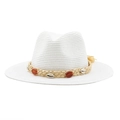Close-up of white woven straw fedora with decorative shell and amber resin bead band - M (56-58cm) / White