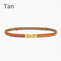 Slim camel leather waist belt for women featuring a minimalist rectangular gold metal buckle - Camel