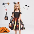 Girl's Halloween pumpkin witch costume set with dress, headband and treat bag - 130cm / WS015-Black (Bag+Accessories)