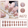 Faux ongles chic rose poudré avec feuilles d'or et motifs floraux faits à la main - Floral Feuille d'Or Nude Rosé Thé au Lait (A672)