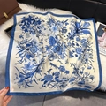 Elegant floral square silk scarf with blue botanical prints on creamy white satin background - 70*70cm / Royal Blue Floral Insect