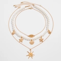 Driedelige gouden kettingset met imitatieparels en hangers van zeesterren en schelpen - Goud (Oceaanstijl-05925)