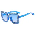 Sparkly glitter square sunglasses in blue frame with rhinestones for women - Dark Blue Frame Double Blue Lens