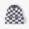 Winter-Strickmütze mit klassischem dunkelgrau-weißem Schachbrett-Strickmuster - Grau Blau & Weiß Schachbrett (23B031)