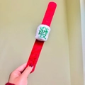 Red plush Christmas slap bracelet featuring green Mahjong character embroidery - Fortune