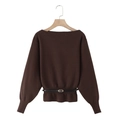 Pull en maille marron à col bateau avec manches lanternes et ceinture à la taille - S / café