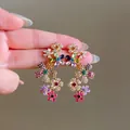 Colorful floral drop earrings with gold plating and multicolor zircon stones - Earrings / Gold-Multicolor