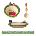 Cute ceramic tableware set with apple pattern bowl, spoon and 3D car design plate - Bowl/Apple + Spoon + 7 Inch Plate/Yellow Car Bear