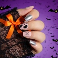 Unghie finte per Halloween con glitter argento, fantasmi rosa e motivi di ossa nere - Stile Fantasma Cuore Rosa Nero (Y-419) / Tipo di Colla