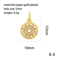 Detail of 10mm gold-plated copper sunburst charm with zirconia and product dimensions - Round Star Disc/I-1