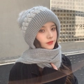 Winter knitted hood scarf with pompom in light gray, warm hooded neck warmer for women - New Grey