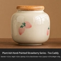 Mini ceramic tea canister with strawberry pattern and wooden lid, wood ash finish - Straw Ash Hand Painted Strawberry - Jar
