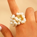 Bohemian oversized ring with Baroque pearls and gold metal base worn on index finger - Baroque Style Artificial Pearl Ring (10929)
