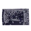 Detail of navy blue paisley sweatband showing soft knitted fabric texture and twisted knot - Paisley Navy