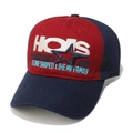 Detail of red and navy cotton baseball cap with HOIS letter and star embroidery - Red/Navy Blue Color Block (HOIS/Pink Star)