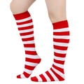 Detail shot of red and white striped knee-high socks showing the knitted cotton texture - Straight Without Heel / Red and White Wide Stripes
