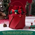 Burgundy leather Christmas gift bag with velvet insert and golden bell ornament - Wine Red Bucket + Red Velvet Bag with Bow