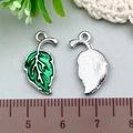 Green enamel leaf charms for DIY jewelry making with silver plating and metal loop - 1Pc Green Leaf