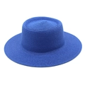 Royal blue flat top straw boater hat with dense woven texture for summer beach sun protection - M (56-58cm) / Blue