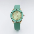 Close-up of mint green vintage quartz watch with rose gold metal case and leather strap - Light Green Leather Strap