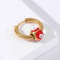 Macro shot of gold stainless steel hoop earring with red, white, and black evil eye bead - Gold-Red