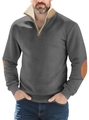 Men's dark grey quarter-zip sweatshirt featuring contrast tan elbow patches and a stand collar - S / Dark Gray