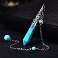 Bohemian turquoise hexagonal column pendant with silver hollow cap and beaded chain - Antique Silver Turquoise