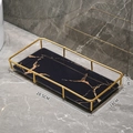 Modern black marble tray with gold metal guardrail measuring 28.5x14x5cm for bathroom storage - Small Black Gold (Glass Base)