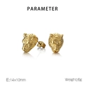 Detail view of golden tiger head stud earrings with embossed texture and polished finish - Tiger Head Stud Earrings (KE111264-KJX) / Gold