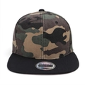 Detailed view of camouflage snapback hat with flat black brim and high quality silver seal - Black Brim Camouflage