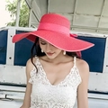 Wide brim woven straw sun hat in bright pink finish for summer beach vacations - One Size / Solid Watermelon Red