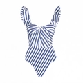 Detail of ruffled shoulder straps and blue-white striped pattern on one-piece swimsuit - S / Blue White Stripe One Piece Swimsuit