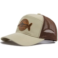 Cappello trucker kaki e caffè con patch squalo in pelle e rete posteriore traspirante - Cachi