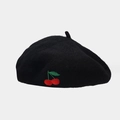 Classic black wool beret for men and women featuring red cherry embroidery on the side - One Size / Black
