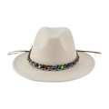 Beige wool fedora hat with colorful bohemian beads and braided decorative band - 58cm / Off White