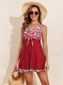 Women's red tankini swimsuit with floral paisley print and backless skirt design - S / Red