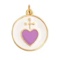 Golden round pendant with purple heart and cross, featuring white enamel finish - White Lavender Cross Round-L281262