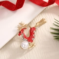 Christmas reindeer brooch with red enamel gold finish and a large white center pearl - BR0064-Pearl Reindeer