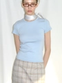 Slim fit light blue modal T-shirt paired with a beige checkered mini skirt for summer - Baby Blue