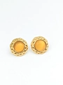 French vintage yellow cat eye stone stud earrings with golden quilted texture - Egg Yellow