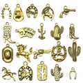 Set of 18 golden Western cowboy alloy charms featuring hats, boots, and cactus shapes - Western Cowboy Collection (SN822)