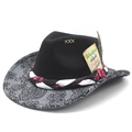 Western style black gradient cowboy hat with feathers, lace pattern brim and woven band - M (56-58cm) / Grey Lace Mandala Pattern (Black) / Black