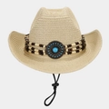 Detalle de sombrero de paja western con banda étnica y adorno metálico de turquesa - Talla única / Beige