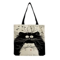 Cute cartoon black and white cat illustration on beige cotton linen tote bag with black handles - Black and White Cat Combo with Heart (hm1302)