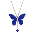 Close-up of sparkling blue rhinestone butterfly car ornament with silver metal chains - Dark Blue