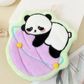 Cute panda cartoon coral velvet hand towel in light green and purple with hanging loop - Planet Panda