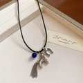 18K gold plated horse pendant necklace with black cord and blue bead accessory - Silver Enamel Stone Horse Tassel Necklace
