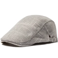 Breathable light grey linen flat cap for men with adjustable metal buckle closure - Adjustable / Light Gray