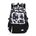 Graffiti printed student backpack in black and white with a streetwear decorative tag - Trendy Graffiti